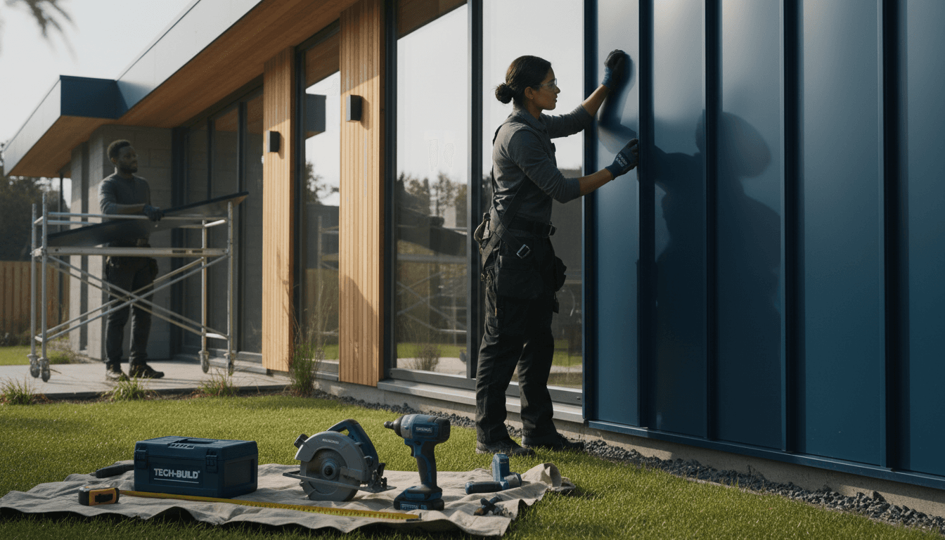 Tradesperson working on a modern home exterior