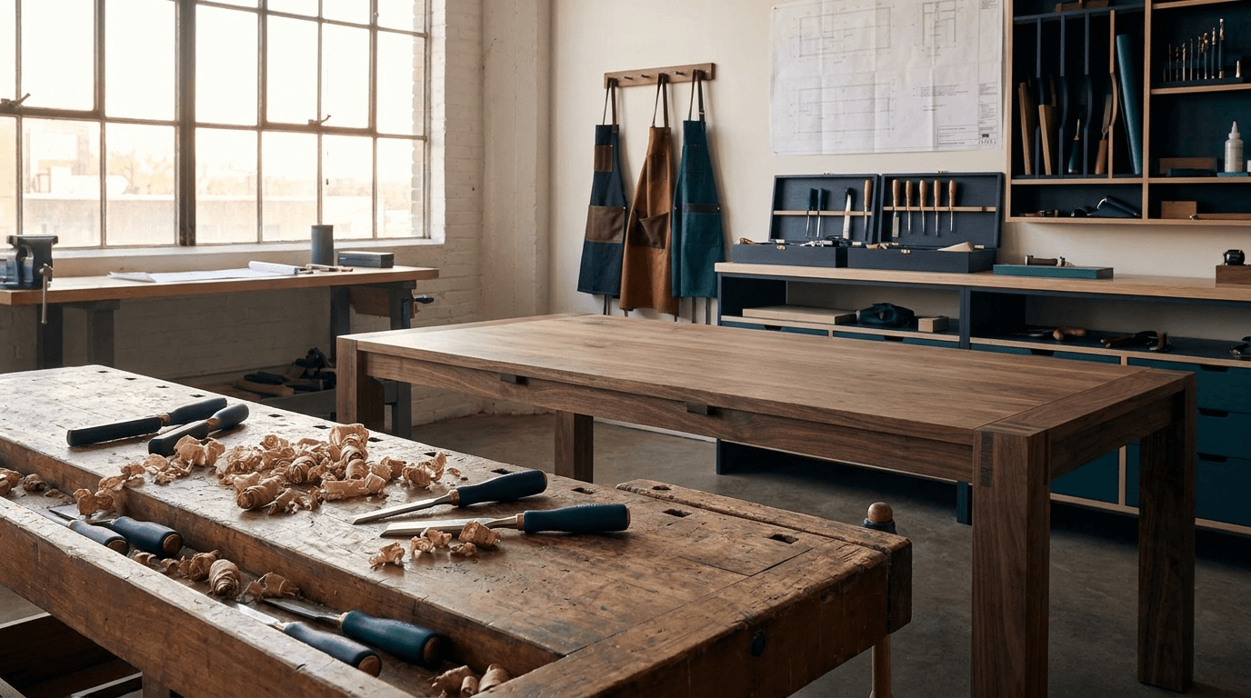 High-end woodworking studio with morning light on the bench