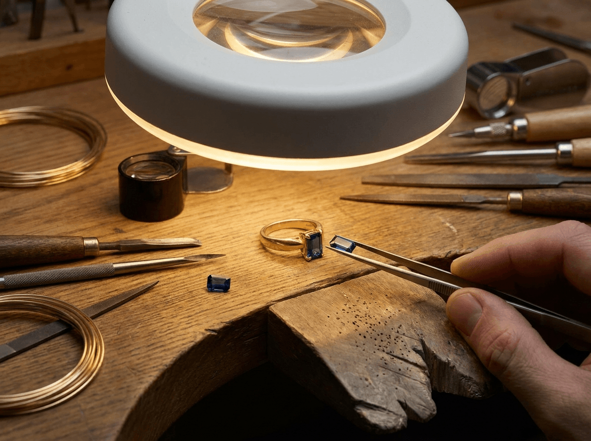 Jeweler setting a custom gold ring at the bench