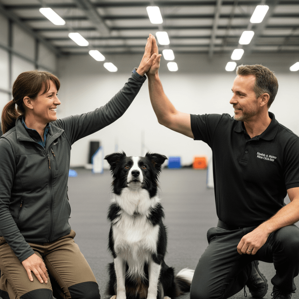 Dog owner and trainer celebrating progress