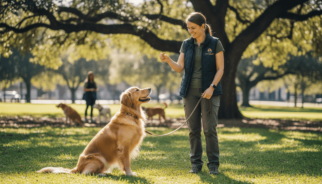 Professional dog trainer working with a dog in a sunlit park