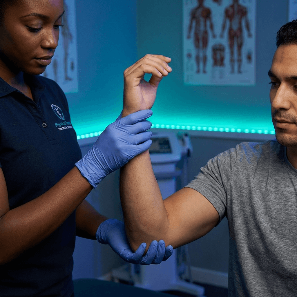 Physical therapist working with a patient on movement
