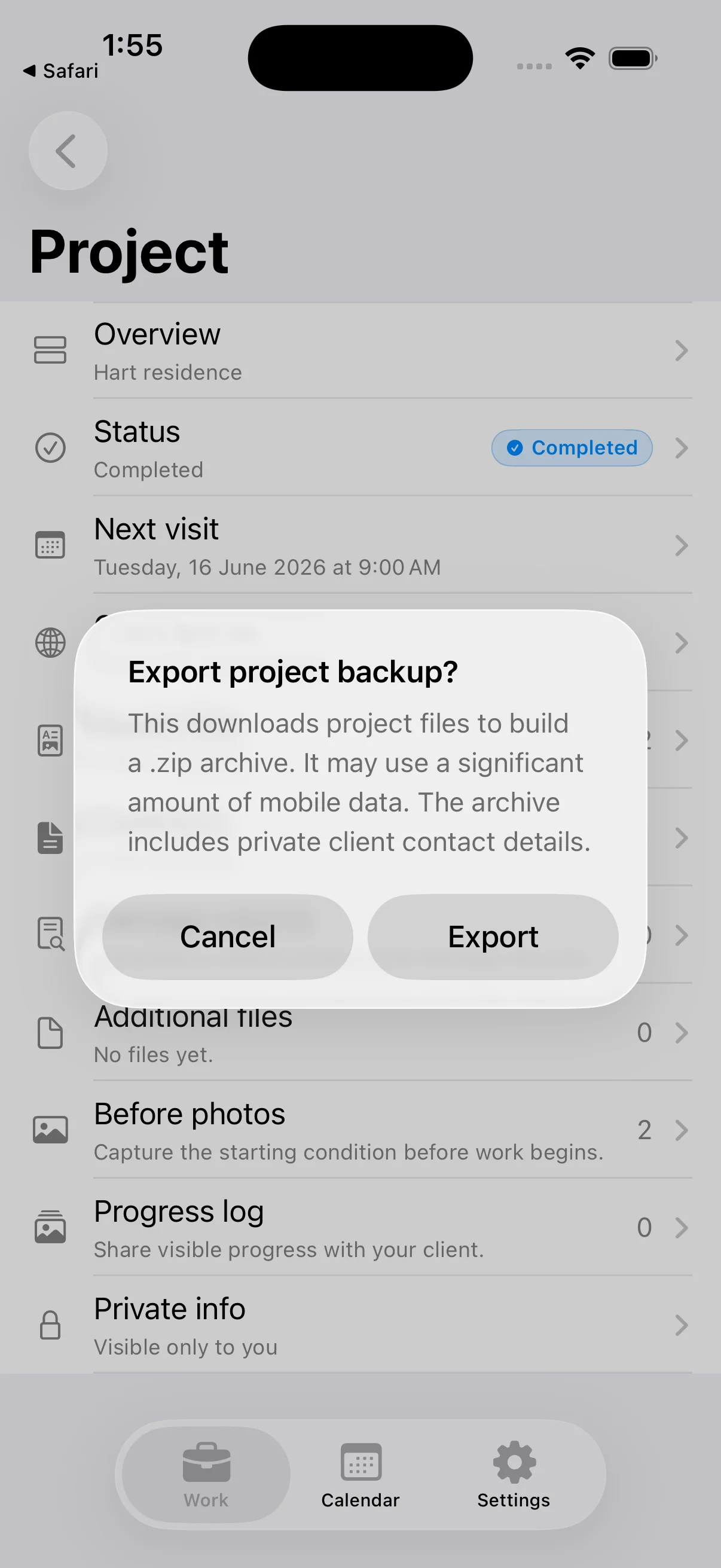 Export project backup confirmation