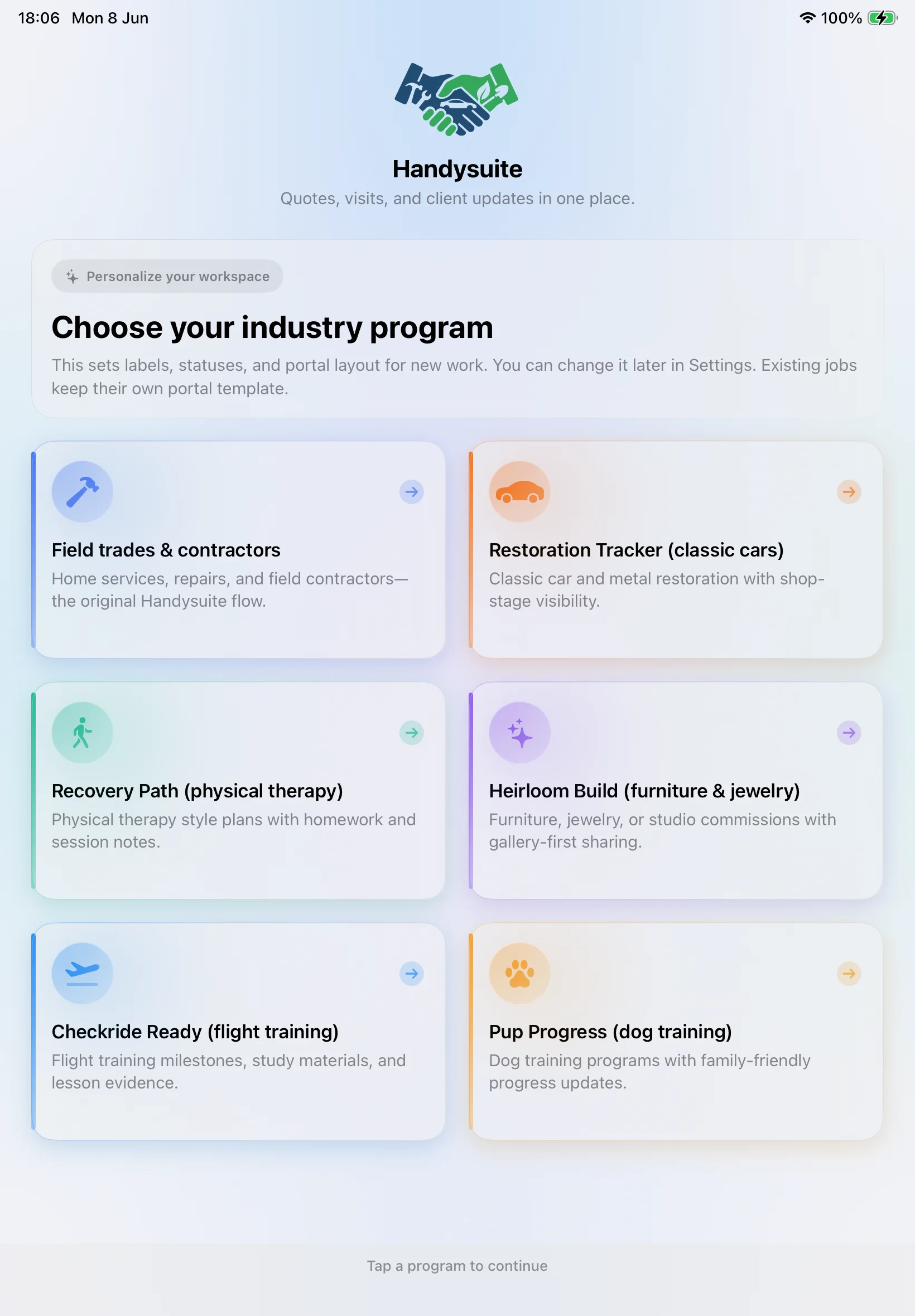 Industry onboarding grid in Handysuite
