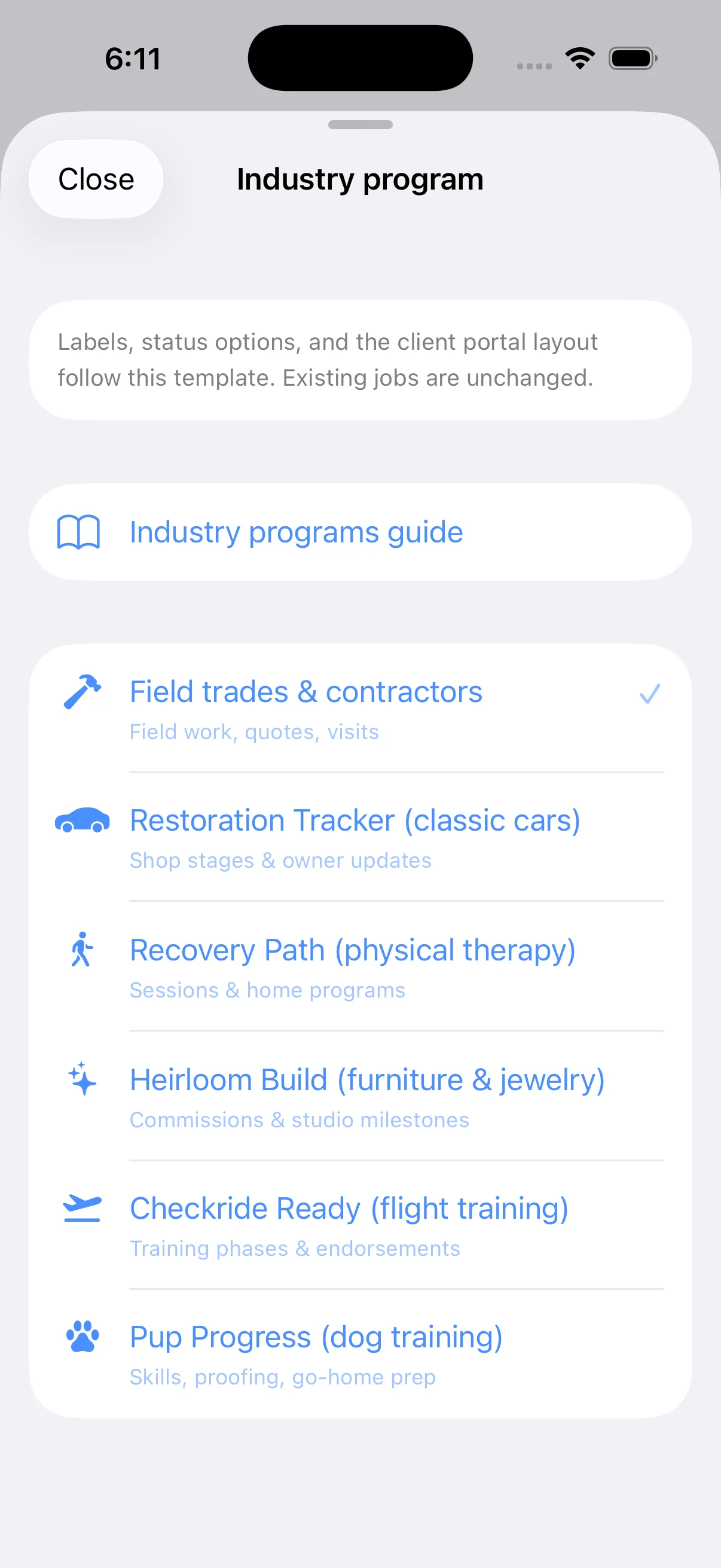 Industry program picker in Profile settings