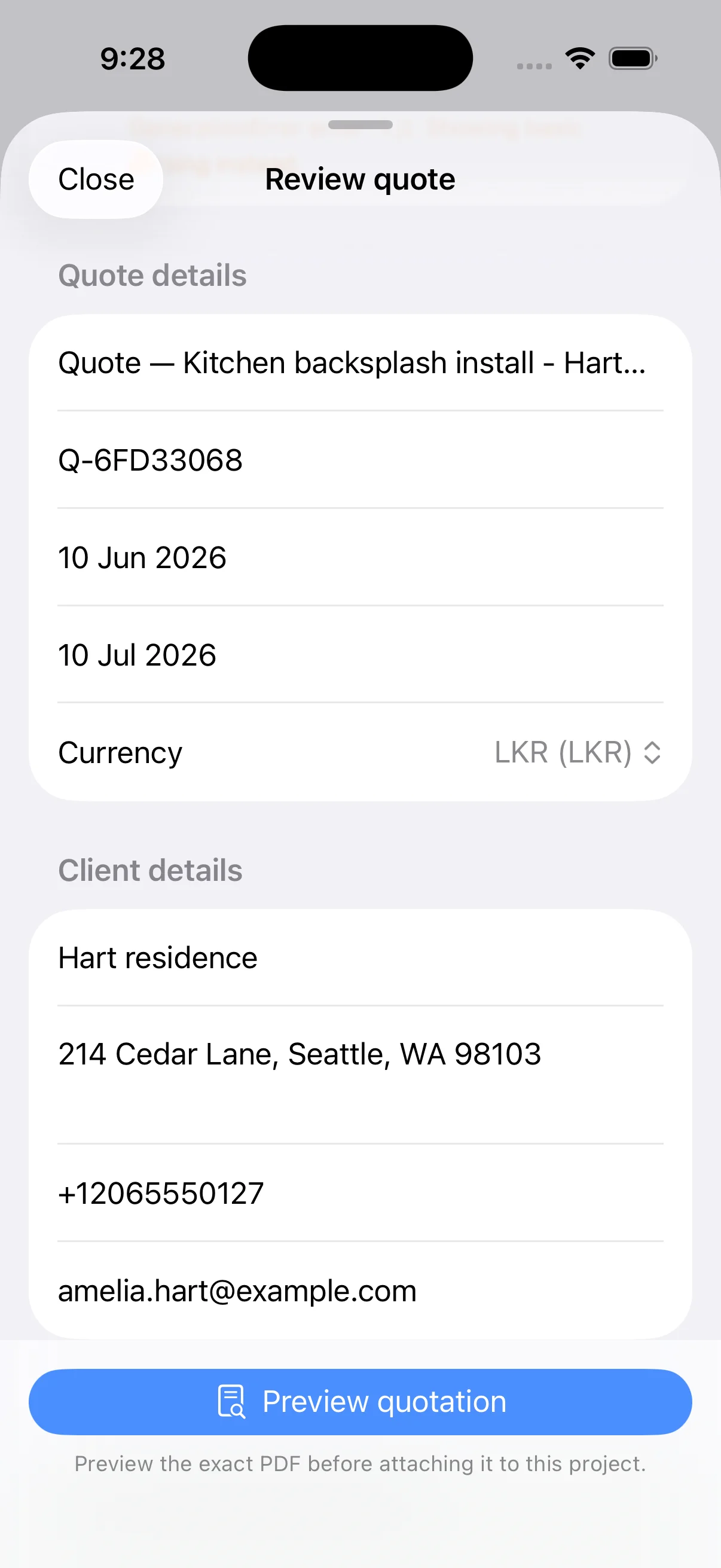 Quotation generator on project detail