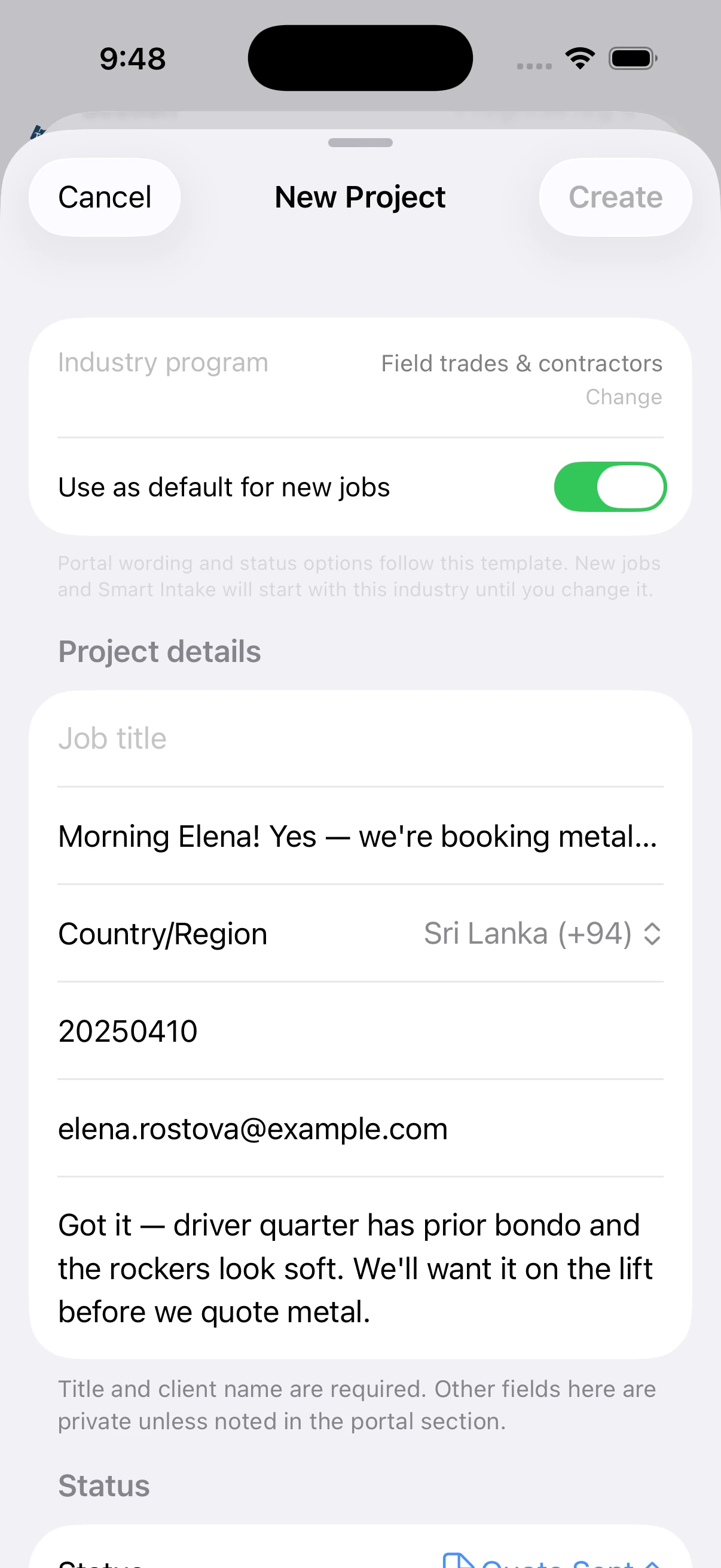 Prefilled create project form from Smart Intake
